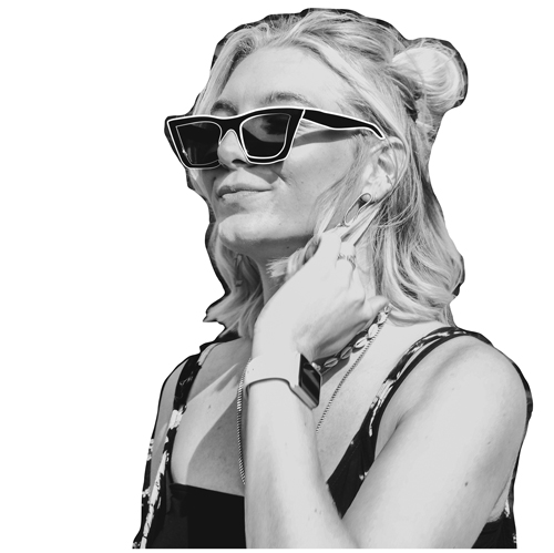 Janna Monzka mit Sonnenbrille und Illustration